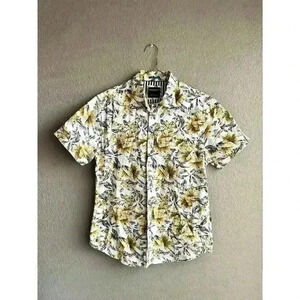 Denim & Flower Floral Medium Yellow Hawaiian Shirt Short‎ Sleeve Button-up